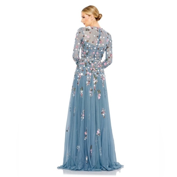 MAC DUGGAL Sequined Floral Long Sleeve High Neck Gown in Slate Blue Multi 5721 - Picture 2 of 8